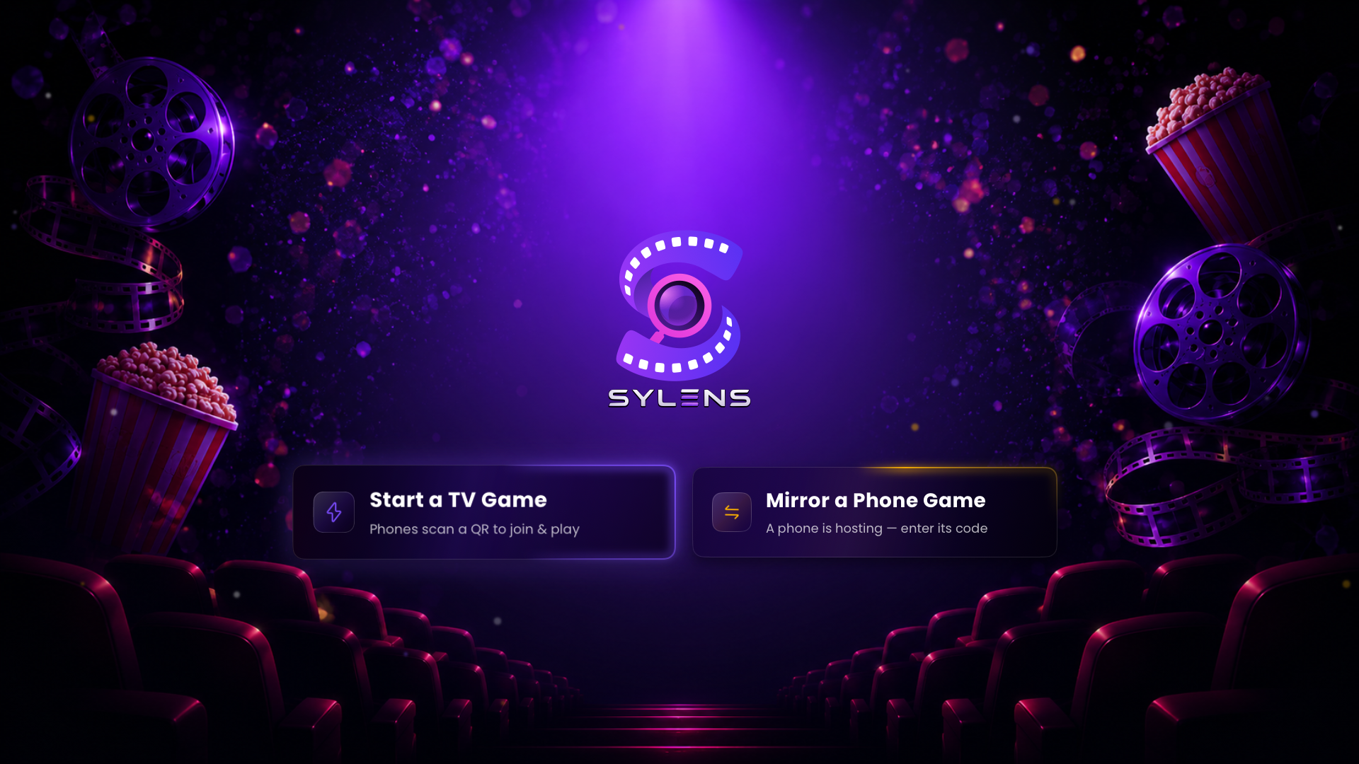 Sylens TV Party screen with options to start a TV game or mirror a phone game