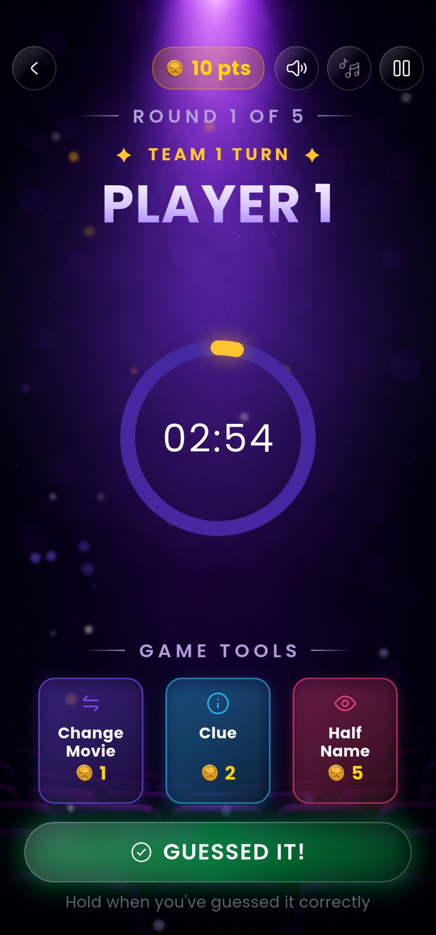 Sylens Squad War round in progress, showing the Change Movie, Clue and Half Name game tools